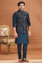 Rama Blue Silk Floral Embroidered Kurta Pajama with Jacket
